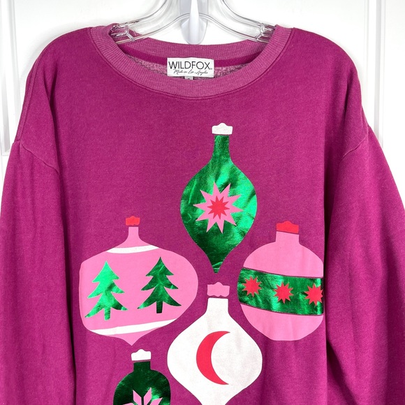WILDFOX Shimmering Ornaments NEW Holiday Roadtrip Sweatshirt RARE Pink Size S - Picture 4 of 9